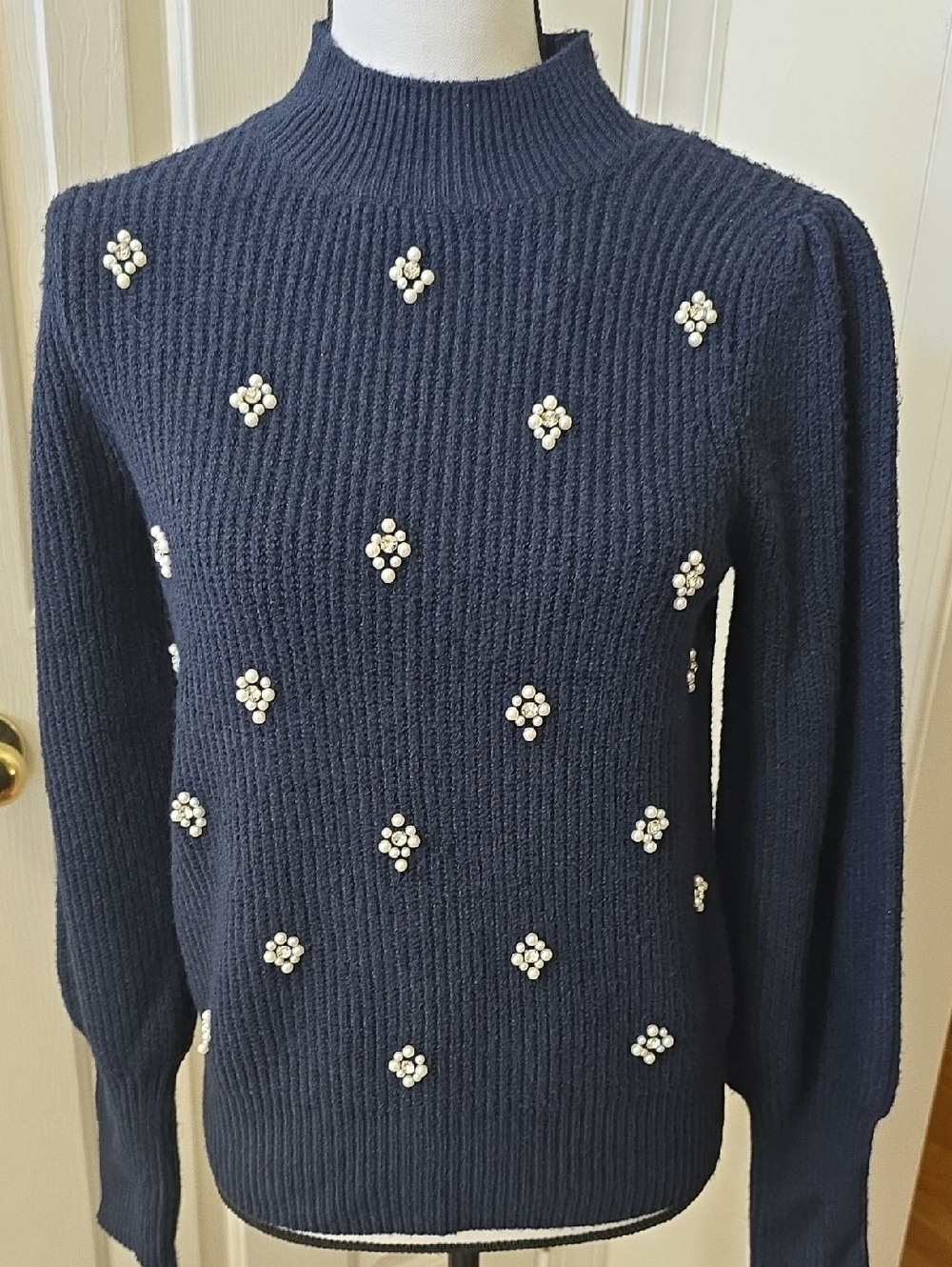 LIZ CLAIBORNE BRAND WOMEN'S NAVY BLUE PULLOVER SWEATER EMBELLISHED SIZE XS